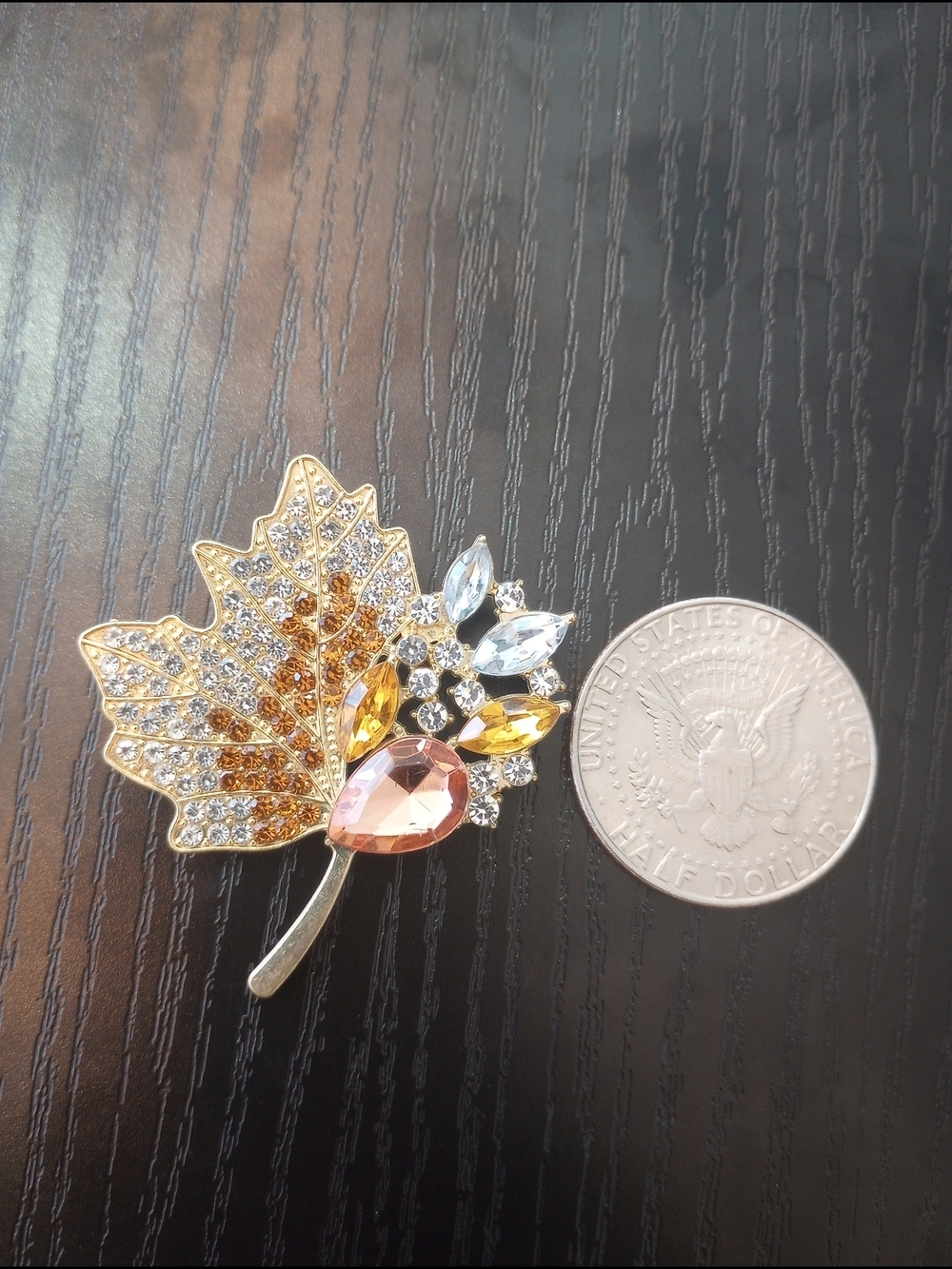 Golden Maple Leaf Rhinestone Brooch Pin - Picture 3 of 4